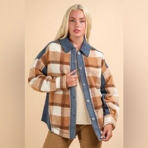 Brown denim trim textured vintage washed shacket jacket coat tunic top pullover